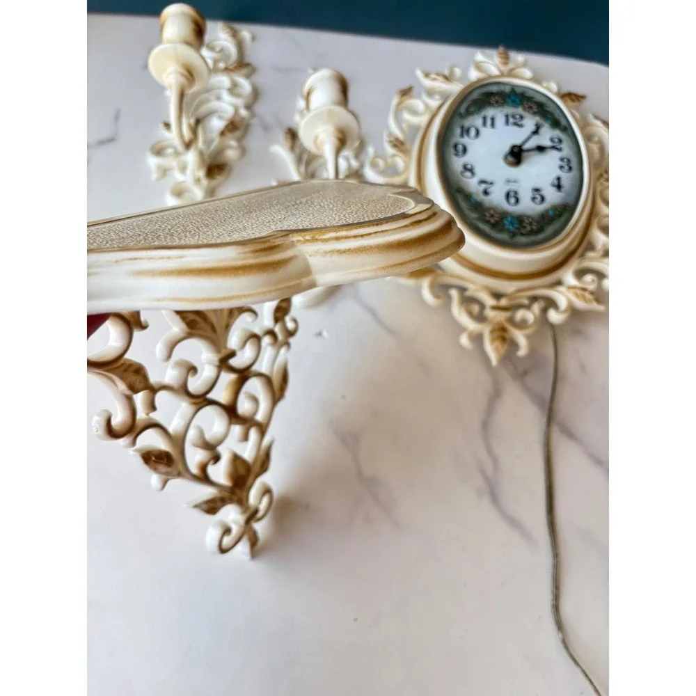 Vtg Spartus Wall Clock Shelf Sconces Set‎ 4pc Hollywood Regency Gold Cream 60s
